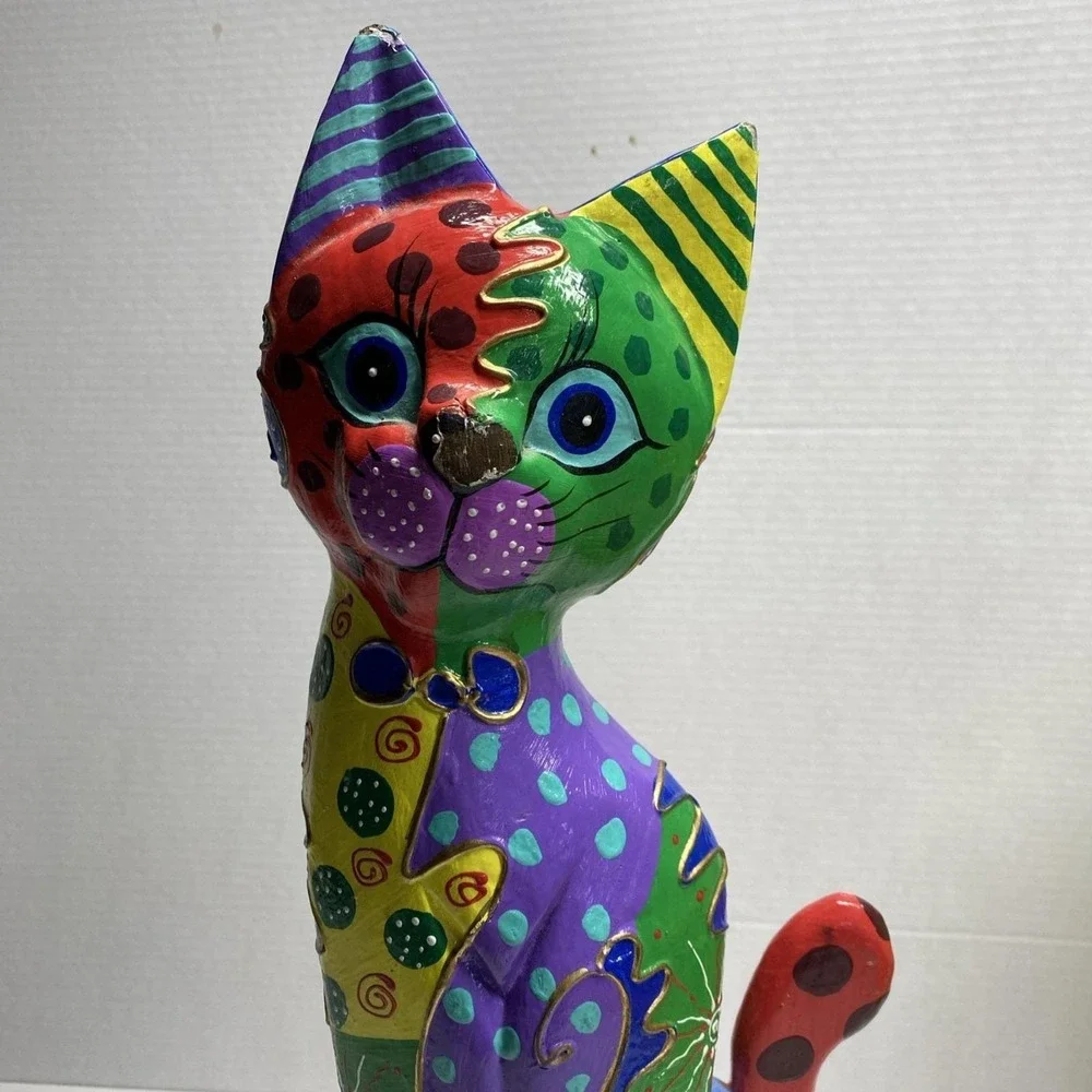 Hand-Painted Wooden Cat Figure Multicolor Folk Art Sculpture - Picture 7 of 14